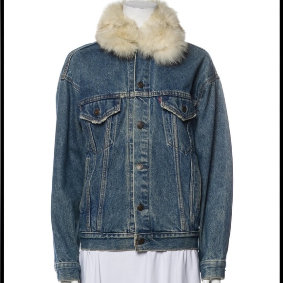 REFORMATION x Levi's Blue Denim Jacket with Real Fur Trim RARE size S - Picture 1 of 8